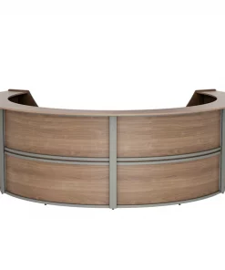 Linea Italia Curved Reception Desk with Counter, 4 Units, 142”W x 107”D, N. Walnut
