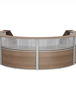 Linea Italia Curved Reception Desk 4 Units, Clear Panel, 142”W x 107”D, N. Walnut