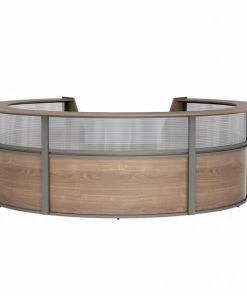 Linea Italia Curved Reception Desk 5 Units, Clear Panel, 142”W x 133”D, N. Walnut