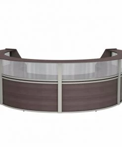 Linea Italia Curved Reception Desk 4 Units, Clear Panel, 142”W x 107”D, Mocha