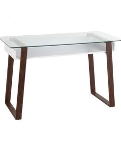Lumisource Duke Desk in Walnut Metal, White Wood, and Clear Glass