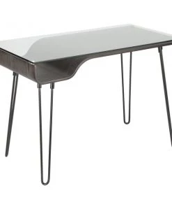 Lumisource Avery Desk in Dark Grey Wood, Clear Glass, and Black Metal