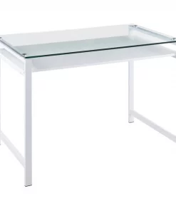 Lumisource Hover Desk in White Steel and Clear Glass with White Wood Shelf