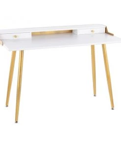 Lumisource Harvey Desk in Gold Steel and White Wood with Gold Accents