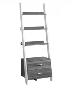 Monarch Specialties Bookcase, 69"H, Grey-White Ladder With 2 Storage Drawer