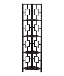 Monarch Specialties Bookcase, 62"H, Espresso, Black Metal Corner Etagere