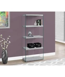 Monarch Specialties Bookcase, 60"H, Grey Cement With Tempered Glass