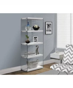 Monarch Specialties Bookcase, 60"H, Glossy White With Tempered Glass