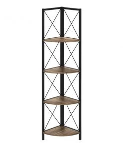 Monarch Specialties Corner Etagere Bookcase - 60"H / Brown Reclaimed-Look / Black Metal