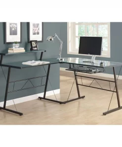 Monarch Specialties Computer Desk, Black Metal Corner With Tempered Glass