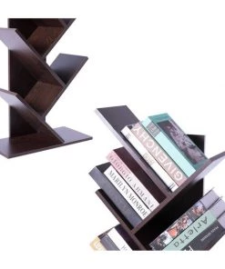 Basicwise Wooden 9-Shelf Tree Magazine CD Storage Bookcase, Brown