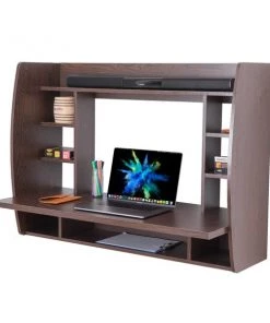 Basicwise Wall Mount Laptop Office Desk with Shelves, Brown