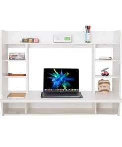 Basicwise Wall Mount Laptop Office Desk with Shelves, White