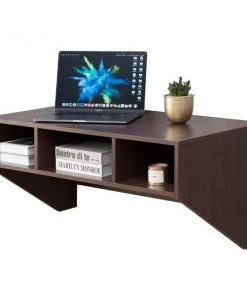 Basicwise Wall Mounted Office Computer Desk with Three Compartments, Brown