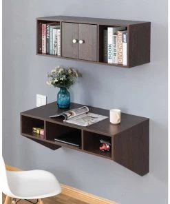 Basicwise Wall Mounted Office Computer Desk and Floating Hutch Cabinet, Brown