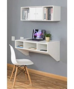 Basicwise Wall Mounted Office Computer Desk and Floating Hutch Cabinet, White