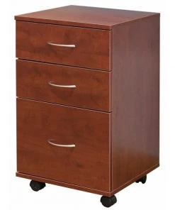 Basicwise Office File Cabinet 3 Drawer Chest with Rolling Casters, Cherry