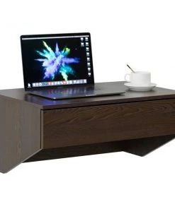Basicwise Wall Mounted Office Computer Desk with Drawer, Brown