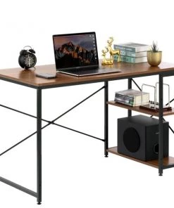 Basicwise Industrial Rectangular Wood and Metal Home Office Computer Desk with 2 Side Shelves, Cherry