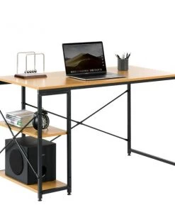 Basicwise Industrial Rectangular Wood and Metal Home Office Computer Desk with 2 Side Shelves, Natural