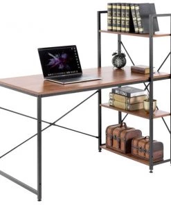 Basicwise Wood and Metal Industrial Home Office Computer Desk with Bookshelves, Cherry
