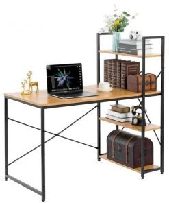 Basicwise Wood and Metal Industrial Home Office Computer Desk with Bookshelves, Natural