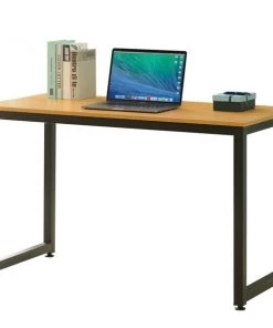 Basicwise Wooden Writing Desk Homes Office Table with Sturdy Metal Frame, Natural
