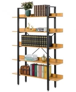 Fabulaxe Industrial 5 Shelf Wood and Metal Etagere Rustic Bookcase Free Standing Bookshelf