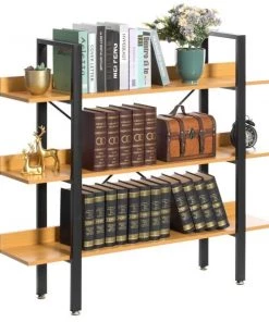 Fabulaxe Industrial 3 Shelf Wood and Metal Etagere Rustic Bookcase Free Standing Bookshelf