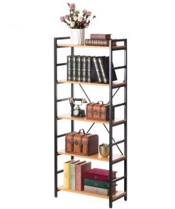 Fabulaxe Industrial Style 5 Shelf Wood and Metal Bookcase