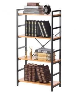 Fabulaxe Industrial Style 4 Tier Shelf Wood and Metal Bookcase
