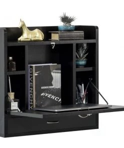Basicwise Wall Mount Folding Laptop Writing Computer or Makeup Desk with Storage Shelves and Drawer, Black