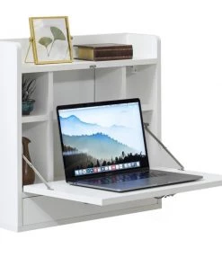 Basicwise Wall Mount Folding Laptop Writing Computer or Makeup Desk with Storage Shelves and Drawer, White