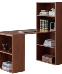 Basicwise Computer Writing Workstation Table with Combo Bookshelf Bookcase, Large Cherry