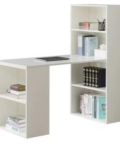 Basicwise Computer Writing Workstation Table with Combo Bookshelf Bookcase, White Large