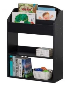 Basicwise Black Modern Wooden Storage Bookcase with Shelf, Playroom Bedroom Living and Office