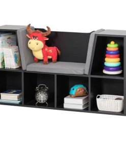 Basicwise Black Modern Multi-Purpose Bookshelf with Storage Space and Gray Cushioned Reading Nook