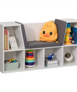 Basicwise White Modern Multi-Purpose Bookshelf with Storage Space and Gray Cushioned Reading Nook