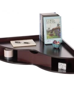 Basicwise Brwn Corner Desk Heart Shaped Wall Mntd Office Table w/Drawer and Two Shelves Computer Writing Desk