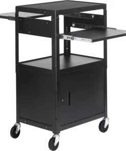 Bretford Adjustable Av Cabinet Cart w/ Two Slide Out Accessory Shelves. Black
