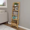 Hastings Home Ladder Bookshelf- 5 Shelves, Leaning Multi-Functional Bookcase in Pickled Oak