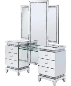 Acme Furniture Industry Inc ACME Furniture 90805 60 x 16 x 72 in. Lotus Vanity Desk; Mirrored & Faux Crystals