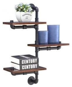 Danya B GH120 3-Tier Vertical Floating Staggered Industrial Rustic Pipe Shelving Unit Wall Mount; Gray & Brown