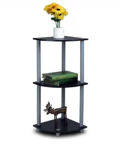 Highkey 12077BK-GY Turn-N-Tube 3-Tier Corner Display Rack Multipurpose Shelving Unit; Black & Grey