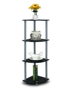 Highkey 12078BK-GY Turn-N-Tube 4-Tier Corner Display Rack Multipurpose Shelving Unit; Black & Grey