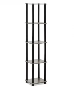 Furinno 99132GYW-BK Turn-N-Tube 5-Tier Corner Square Rack Display Shelf; French Oak Grey & Black