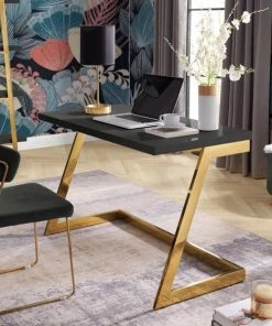 Posh Living DK201-09BK-UE High Gloss Lacquer Finish Top Living Aluna Writing Desk; Black & Gold