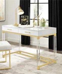 Inspired Home DK159-09WG-UE Posh Living Briar Writing Desk; White & Gold