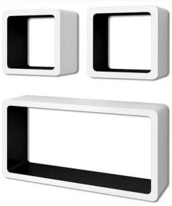 Onlinegymshop CB19446 3 White-Black MDF Floating Wall Display Shelf Cubes Book & DVD Storage