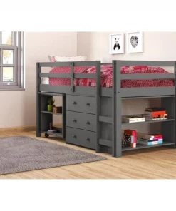 Donco kids PD-760DG Twin Low Study Loft with Desk; Chest & Bookcase - Dark Gray